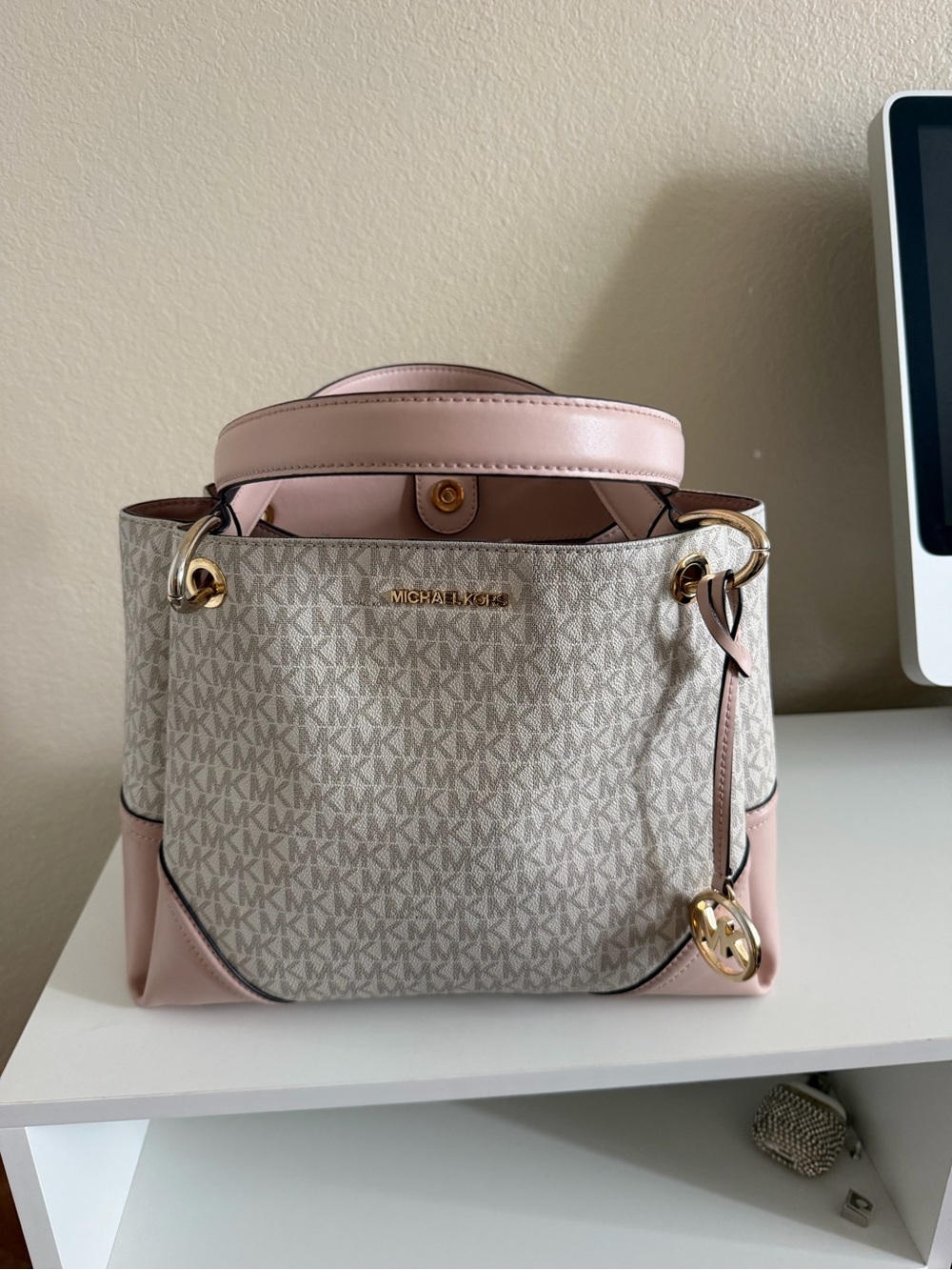 Michael Kors Beige MK Logo and Pink Trim Shoulder Tote